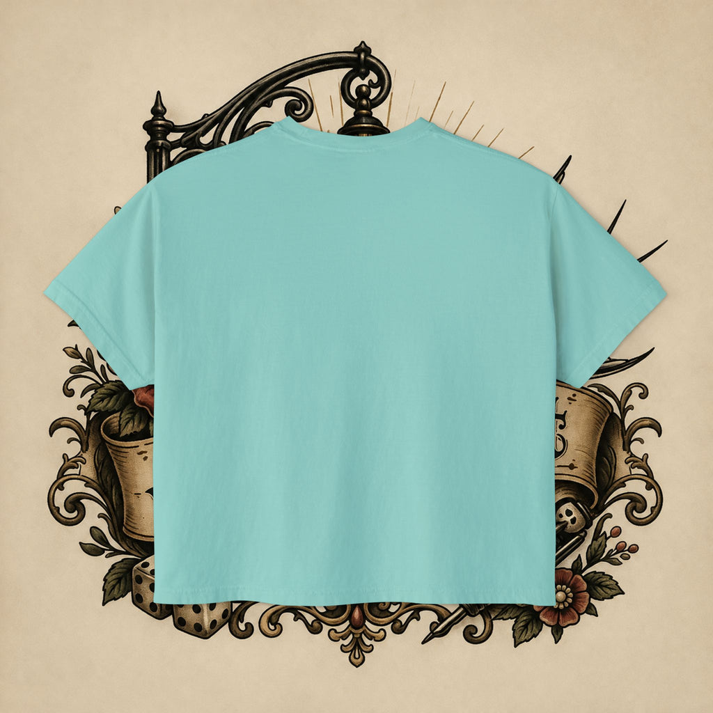 Women's Boxy Tee — Red Devil Girl Graphic "He Told Me No"