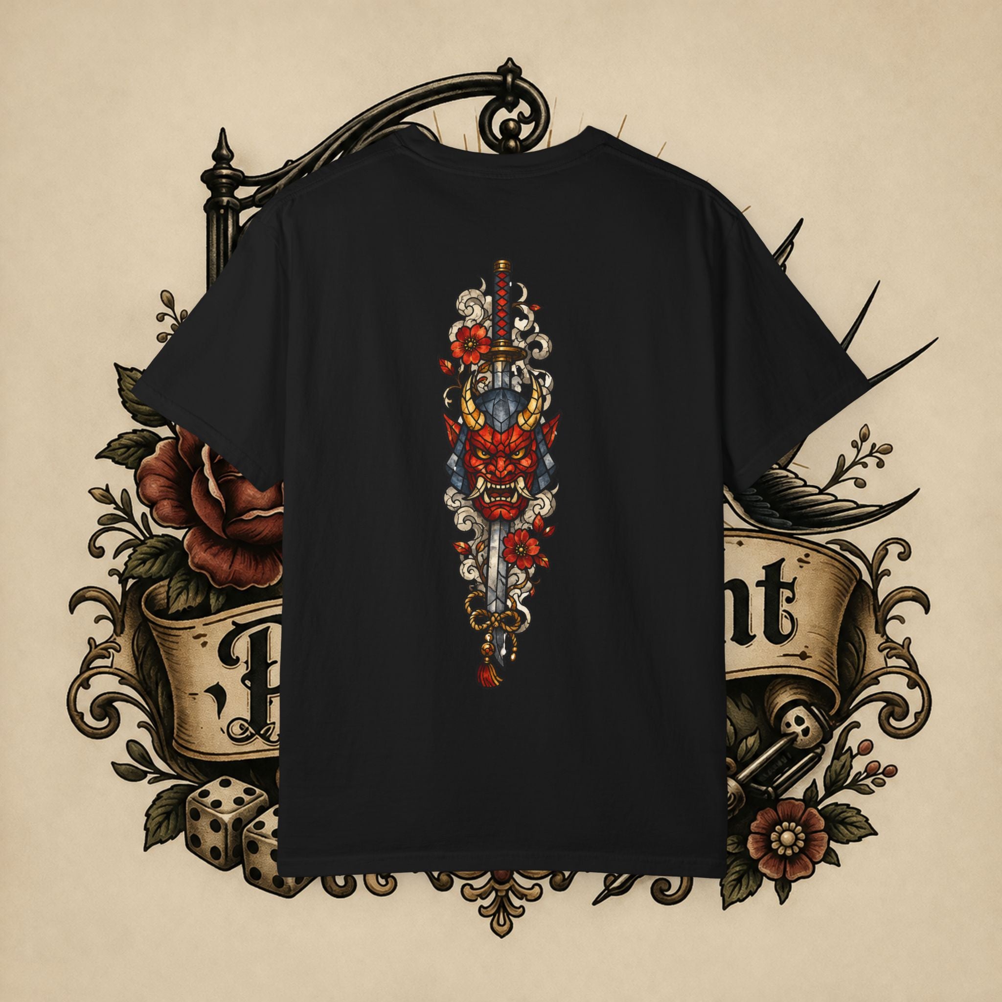 Japanese Text & Oni Mask T-shirt | Samurai Tattoo Back Print