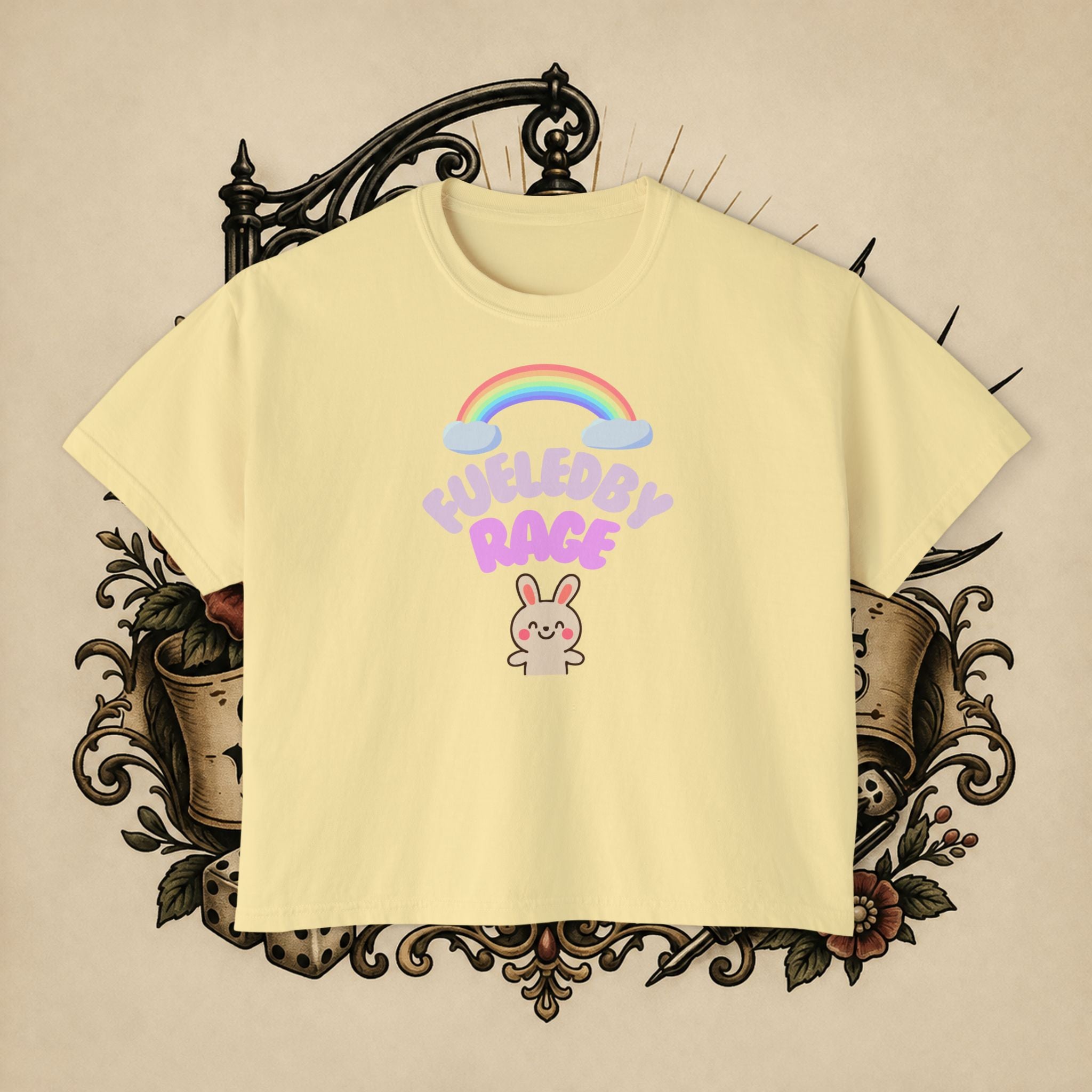 Women's Boxy Tee — "Fueled by Rage" Cute Rainbow Bunny Graphic