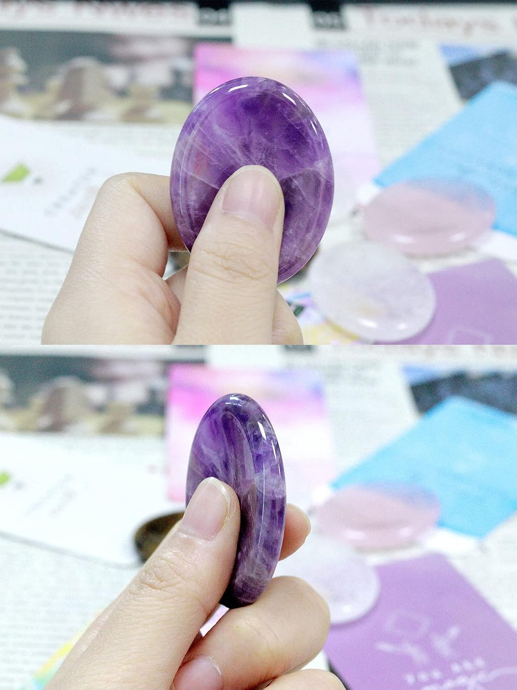 Thumb Worry Stones for Anxiety Stress Relief Items Healing Crystals Natural Amethyst Rose Quartz Crystal Palm Pocket Stone Gemstones Meditation Reiki Spiritual Gifts for Women Men 2PCS