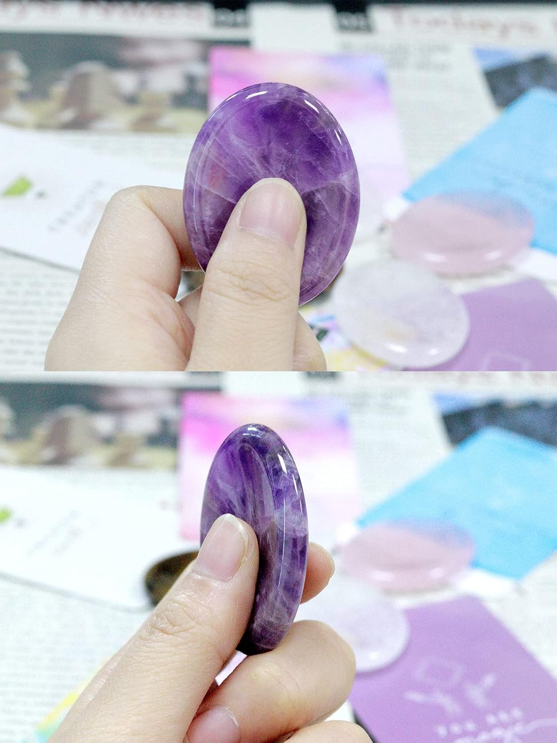 Thumb Worry Stones for Anxiety Stress Relief Items Healing Crystals Natural Amethyst Rose Quartz Crystal Palm Pocket Stone Gemstones Meditation Reiki Spiritual Gifts for Women Men 2PCS