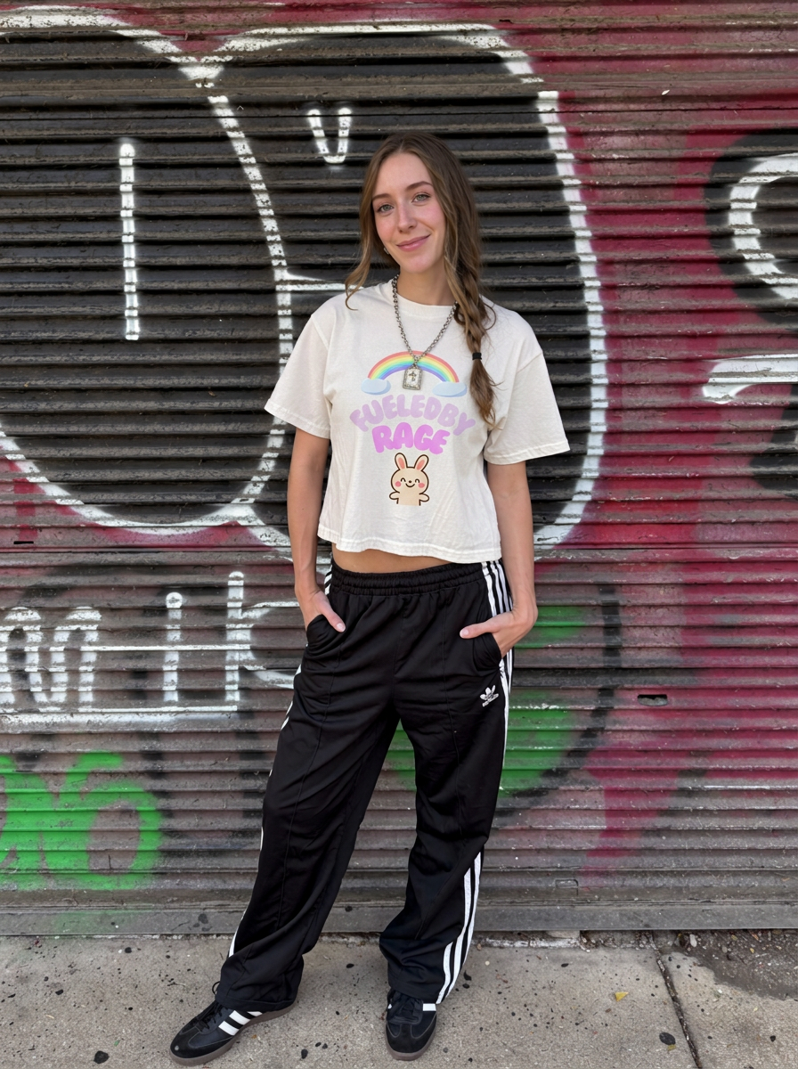 Women's Boxy Tee — "Fueled by Rage" Cute Rainbow Bunny Graphic